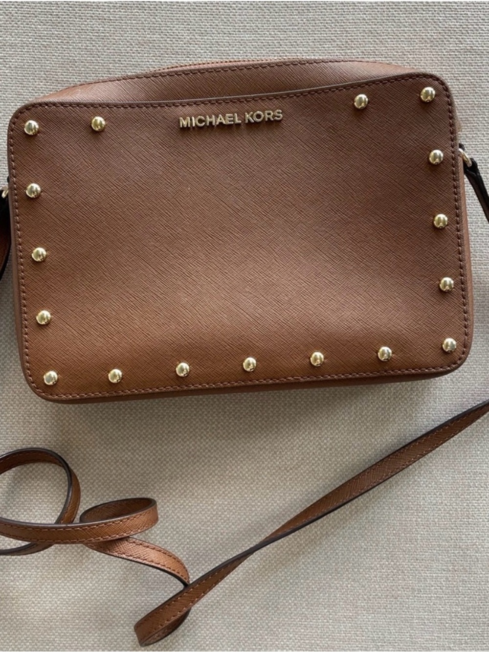 Michael Kors Brown Leather Crossbody with Gold Studs